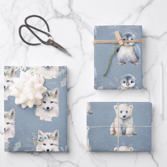 Arktische Tiere Winterschneeflocke Geschenkpapier Set (Vorderseite)