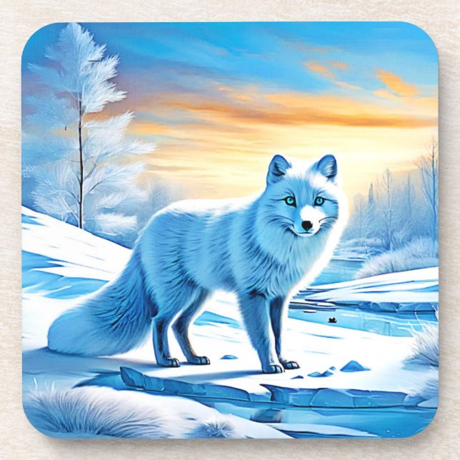 Arktische Winterfoxschnee Getränkeuntersetzer (Vorderseite)