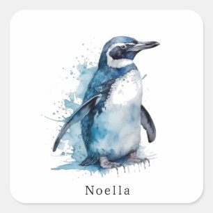 Arktischer Azure-Wasserfarben-Pinguin, individuell Quadratischer Aufkleber