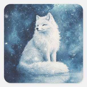 Arktischer Fuchs sitzt auf Eis mit blauem Galaxien Quadratischer Aufkleber