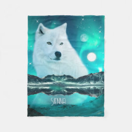 Arktischer Wolf und zauberhafte Nacht mit Nordlich Fleecedecke