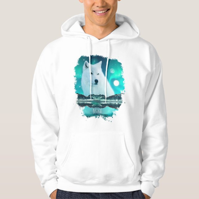 Arktischer Wolf und zauberhafte Nacht mit Nordlich Hoodie (Vorderseite)