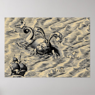 Arktisches Seemonster & Segelschiff Sepia Weltkart Poster