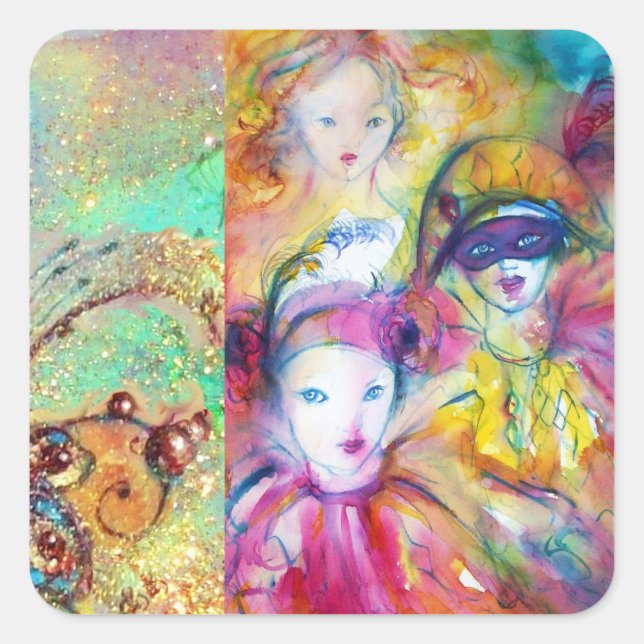 ARLECCHINO PIERO UND COLOMBINA MASQUERADE PARTY QUADRATISCHER AUFKLEBER (Vorderseite)