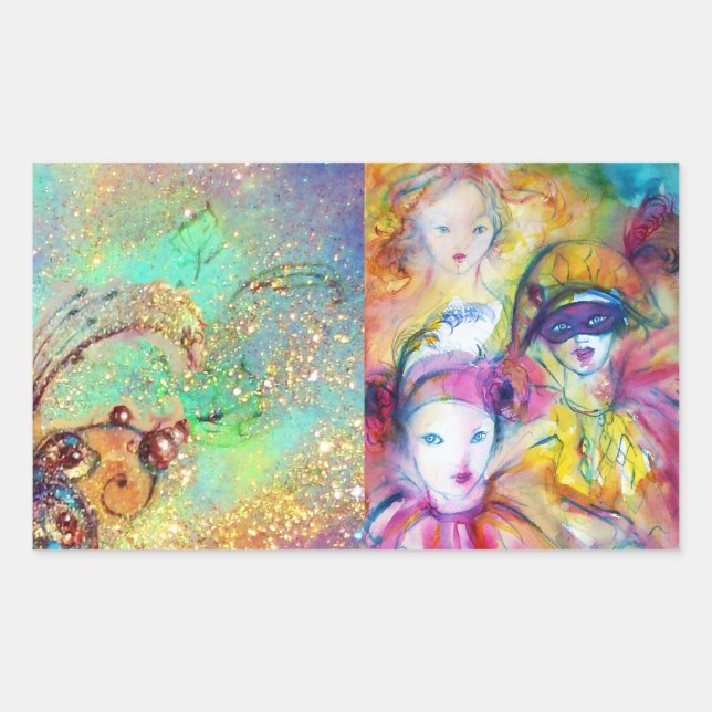 ARLECCHINO PIERO UND COLOMBINA MASQUERADE PARTY RECHTECKIGER AUFKLEBER (Vorderseite)