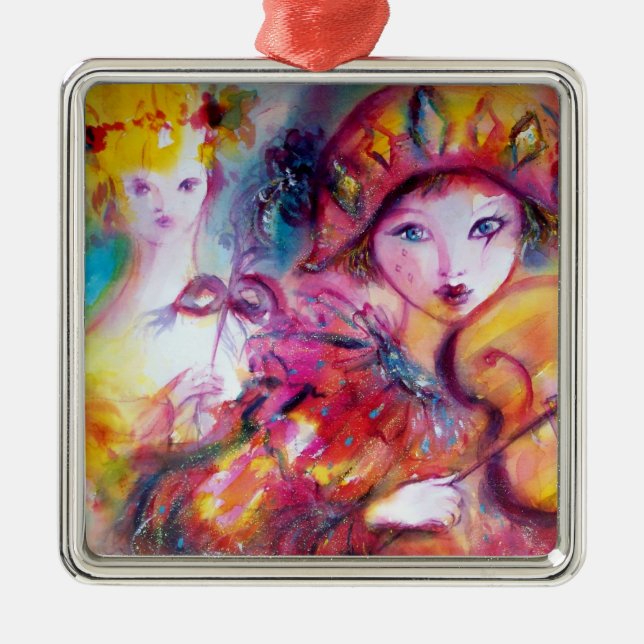 ARLECCHINO UND COLOMBINA rosa Herz Silbernes Ornament (Vorne)