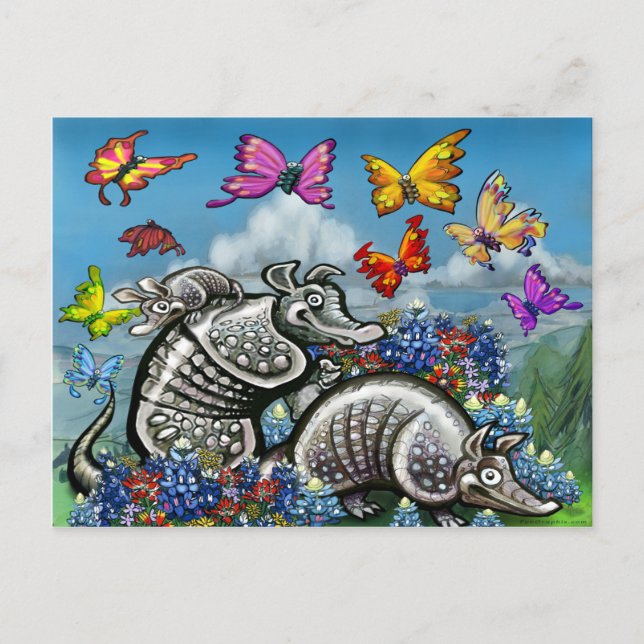 Armadillos Bluebonnets Butterfisch Wildblumen Postkarte (Vorderseite)