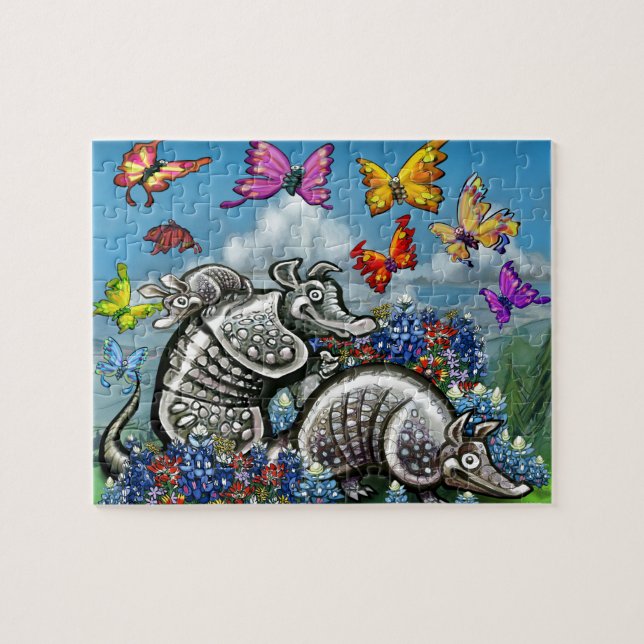 Armadillos Bluebonnets Butterfisch Wildblumen Puzzle (Horizontal)