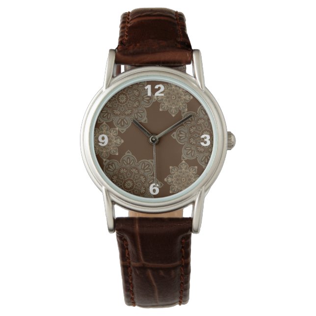 Armbanduhr für Frauen braun mit Medallionen (Vorderseite)