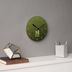 Armee-grün-oliv geometrisches Maschenmuster Monogr Runde Wanduhr