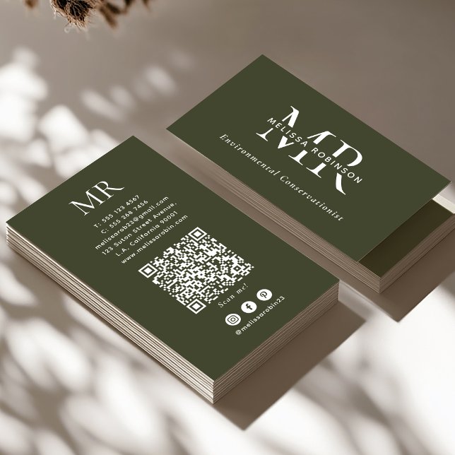 Armee Grünes Monogramm, QR-Code & Soziale Medien E Visitenkarte (Von Creator hochgeladen)