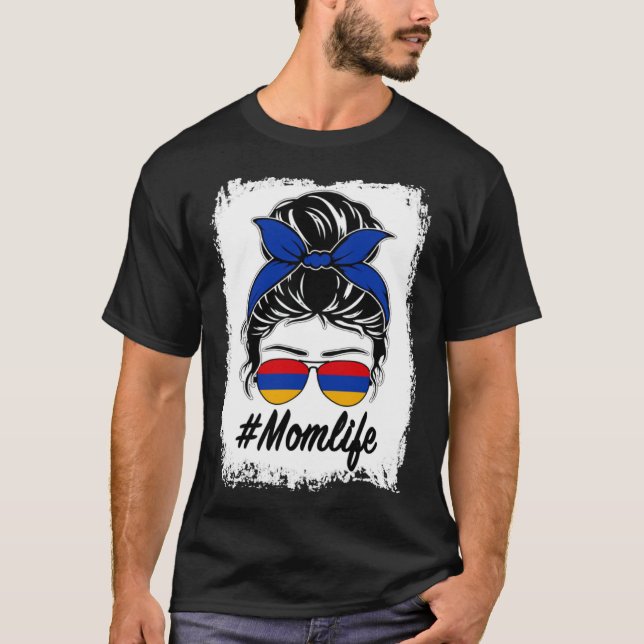 Armenia Flag Armenian Mom Messy Bun Mom Life T-Shirt (Vorderseite)