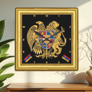 Armenische Uhr, Goldrahmen, Emblem, Vintag Quadratische Wanduhr
