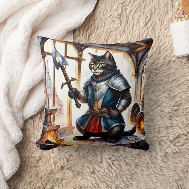 Armored Cat Holding Spez in Blacksmith Workshop Kissen (Decke)