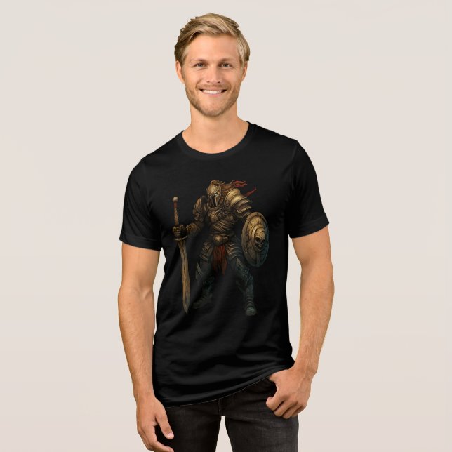 Armored Knight with Sword and Skull Shield Tri-Blend Shirt (Vorderseite voll)