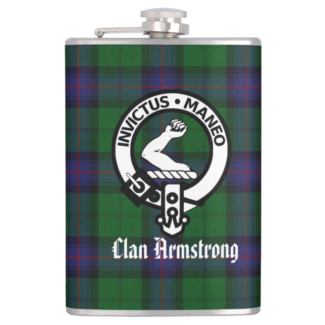Armstrong Crest Badge and Tartan Flachmann (Vorderseite)
