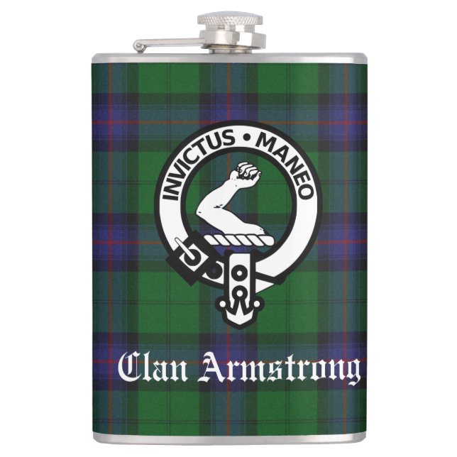 Armstrong Crest Badge and Tartan Flachmann (Vorderseite)