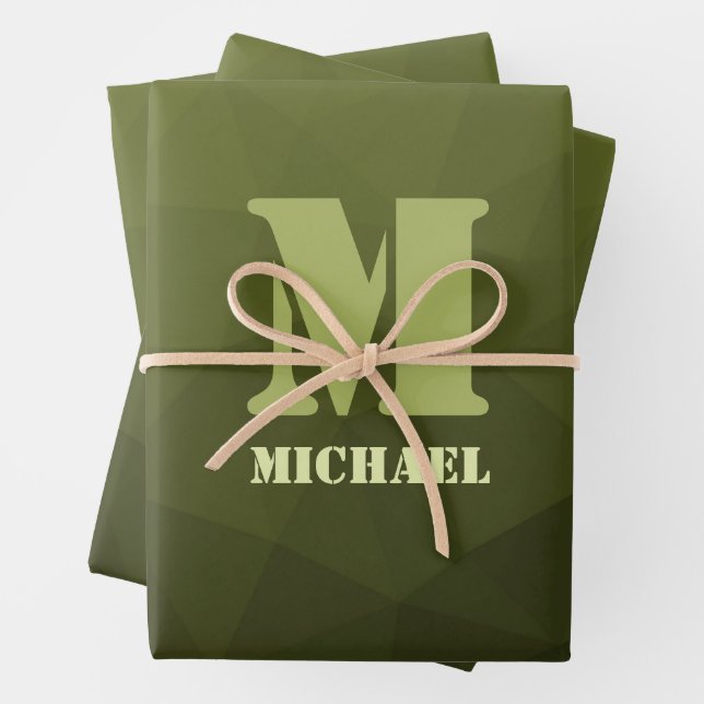 Army Green Oliven geometric mesh muster Monogram Geschenkpapier Set (Beispiel)