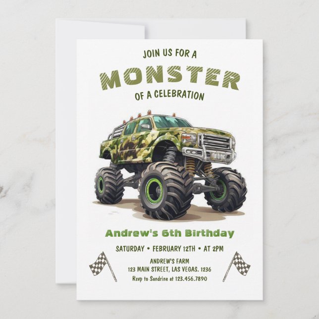 Army Monster Truck Boy Birthday Einladung (Vorderseite)