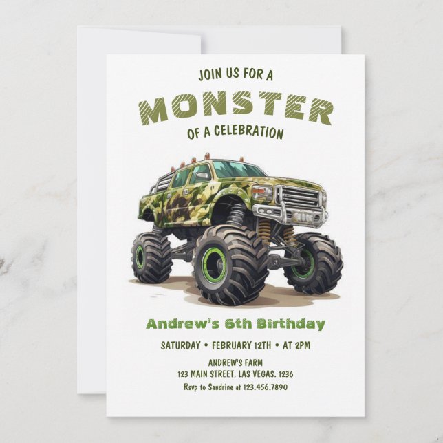 Army Monster Truck Boy Birthday Einladung (Vorderseite)