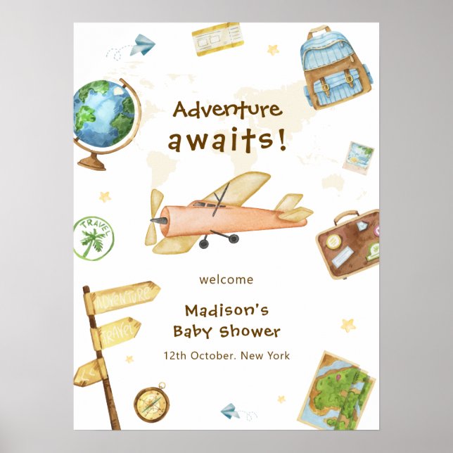 Around The World Airplane Baby Shower Welcome  Poster (Vorne)