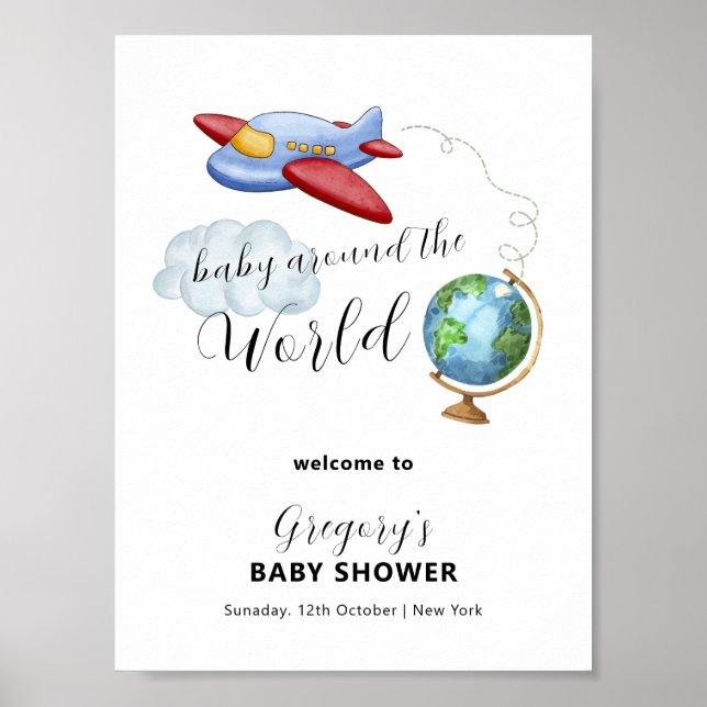 Around The World Map Airplane Baby Shower Welcome Poster (Vorne)
