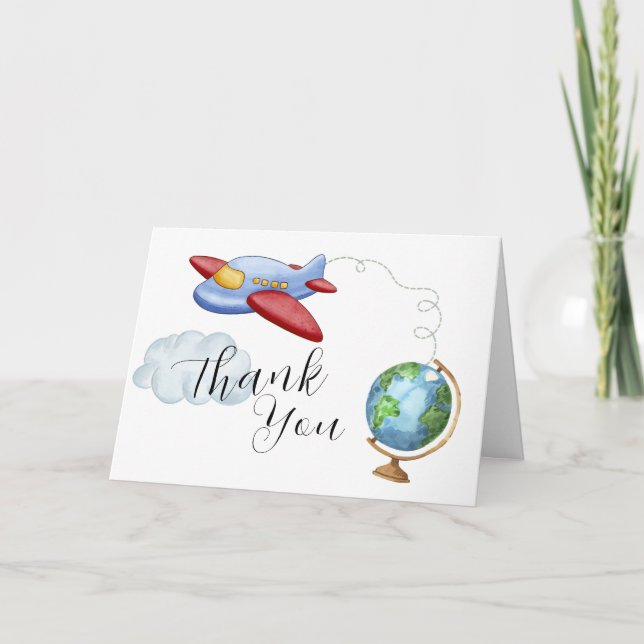 Around The World Map Airplane Boy Baby Shower Dankeskarte (Vorderseite)