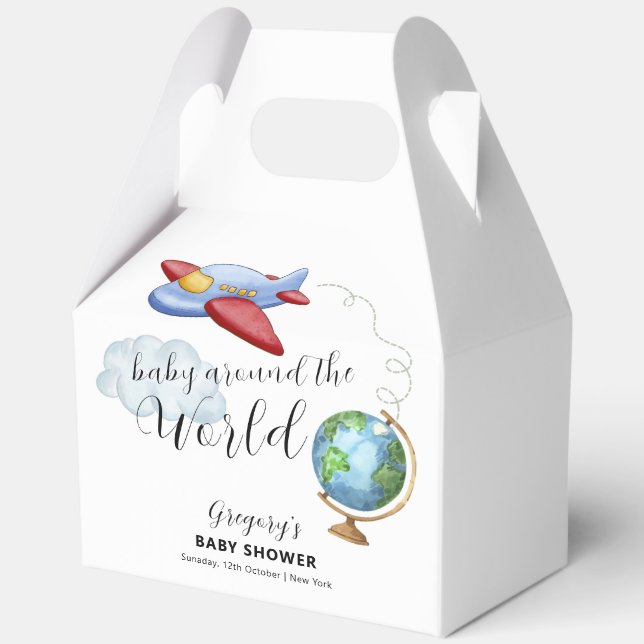 Around The World Map Airplane Boy Baby Shower Geschenkschachtel (Vorderseite)