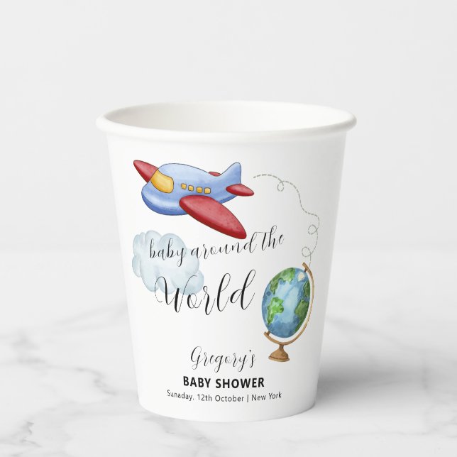 Around The World Map Airplane Boy Baby Shower Pappbecher (Vorderseite)