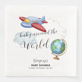 Around The World Map Airplane Boy Baby Shower Serviette