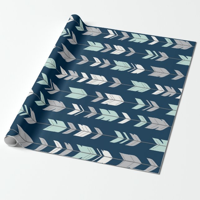 Arrow Feathers - mint/grau auf marineblau Gift Wra Geschenkpapier (Ungerollt)