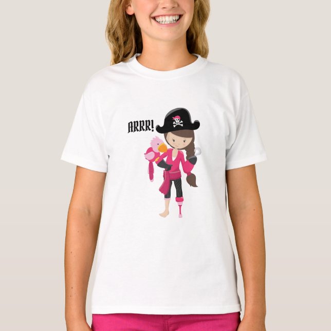 ARRR! Niedlich Fun Pirate Girl Pink Parrot T-Shirt (Vorderseite)