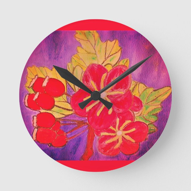 ART BRIGHT SHINY BLUME DESIGN RED GREEN MAUVE RUNDE WANDUHR (Vorderseite)