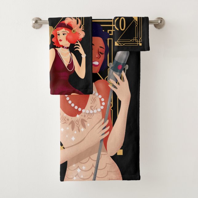 Art Deco 1920er Glam Ladys Gold Black Badhandtuch Set (Insitu)