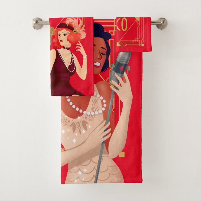 Art Deco 1920er Glam Ladys Gold Red Badhandtuch Set (Insitu)