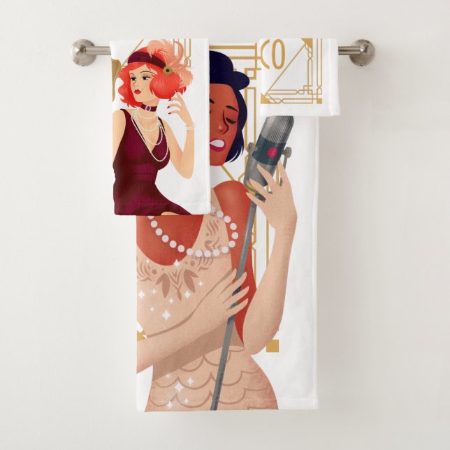 Art Deco 1920er Glam Ladys Gold White Badhandtuch Set (Insitu)
