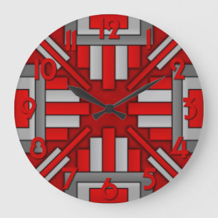 Art Deco 1920er Jahre Geometrisch Rot-Grau Große Wanduhr