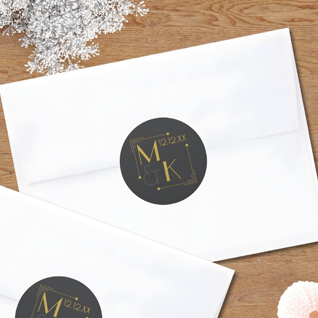 Art Deco 1920er Jahre Hochzeit Schwarzes Gold Runder Aufkleber (Just add your wedding date and initials to these elegant black and gold wedding sticjers)
