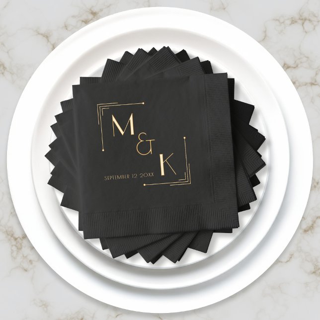 Art Deco 1920er Jahre Hochzeitsfoil Napkins Servietten Mit Folie (For your 1920s gatsby wedding, black and real foil napkins. Just add your initials and wedding date)