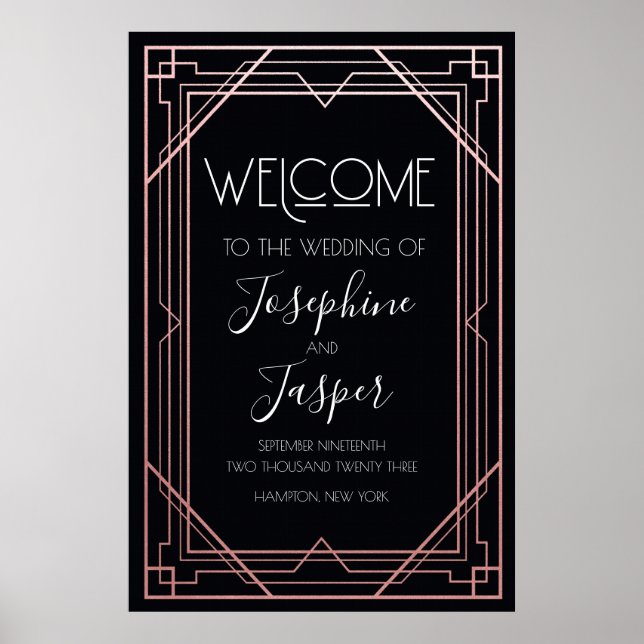 Art Deco 1920er Jahre Schwarz und Rose Gold Begrüß Poster (Vorne)