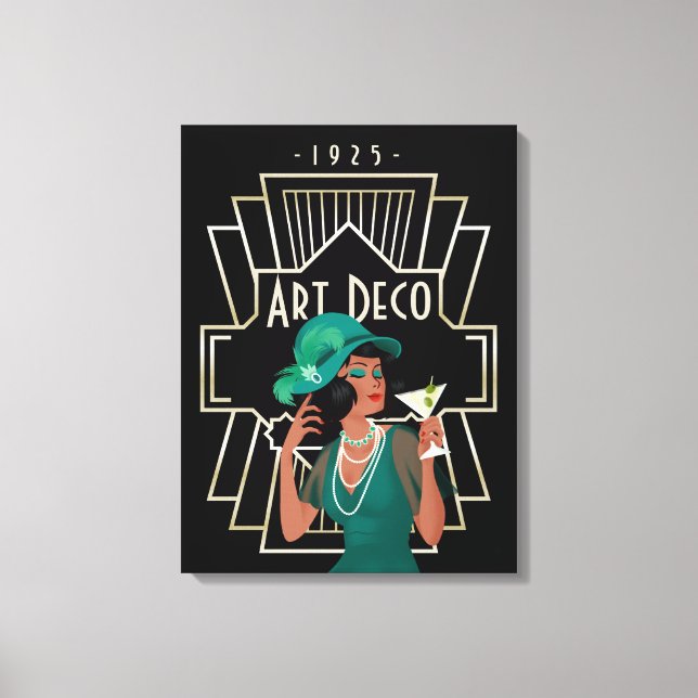 Art Deco 1920er Lady Green Dress Gold Frame Black Leinwanddruck (Vorderseite)