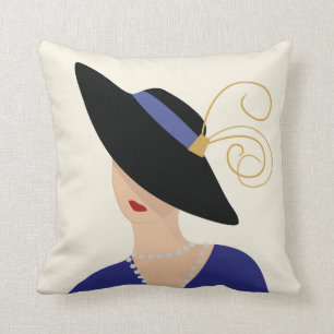 Art Deco 1930s Modeplatte Frau in Black Hat Kissen