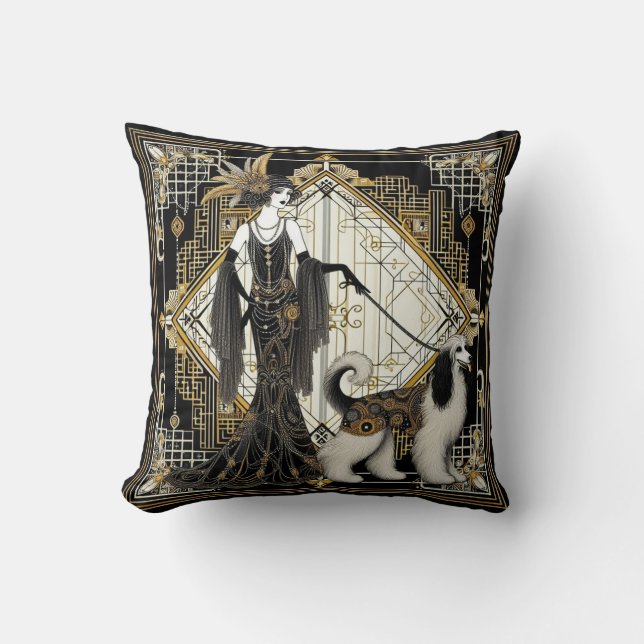 Art Deco 200 Elegante Frauen und Hunde Kissen (Vorderseite)
