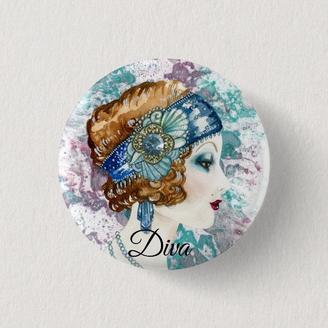 Art Deco 20 Mode Diva Wasserfarben Kunst Button (Vorderseite)