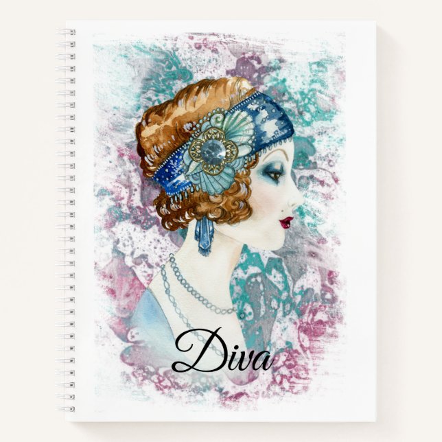 Art Deco 20 Mode Diva Wasserfarben Kunst Notizbuch (Vorderseite)