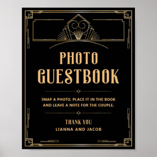 Art Deco 20er Schwarz Gold Hochzeitsfoto-Gästebuch Poster