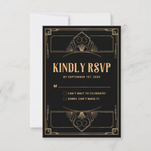 Art Deco 20s Elegante Black Gold Wedding RSVP Kart Dankeskarte