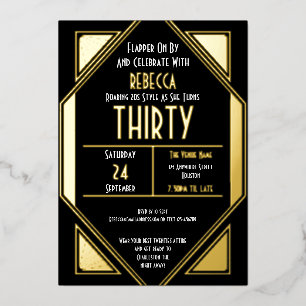 Art Deco 30. Geburtstag Schwarz Gold Echt Folieneinladung
