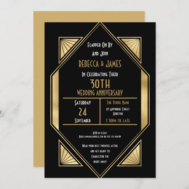 Art Deco 30 Jahre Pearl Wedding Jubiläum Einladung (Vorne/Hinten)