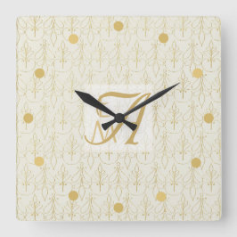 Art Deco 3 Initial Monogram Gold Cream Muster Quadratische Wanduhr